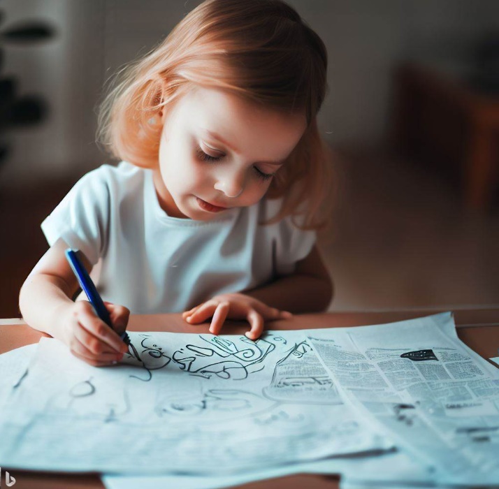 글을 모르는 아이가 신문 기사 위에 낙서하는 모습