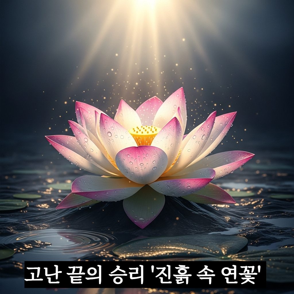 어둡고 탁한 진흙물 위로 눈부신 백련과 홍련이 고고하게 피어나 신비로운 빛을 발하고 있는 장엄하고 희망찬 분위기의 일러스트
