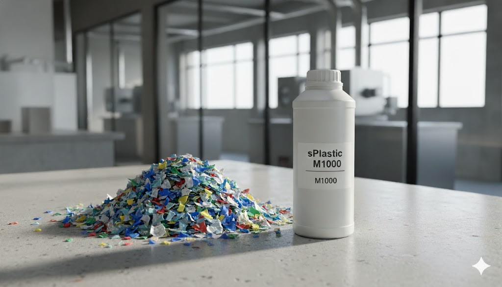 알록달록한 재활용 플라스틱 펠릿(조각) 옆에 'sPlastic M1000' 라벨이 붙은 삼양플라스틱 HDPE 용기가 놓여 있습니다. 재활용 원료가 새로운 용기로 재탄생하는 '플라스틱 순환 경제'의 가치를 보여줍니다