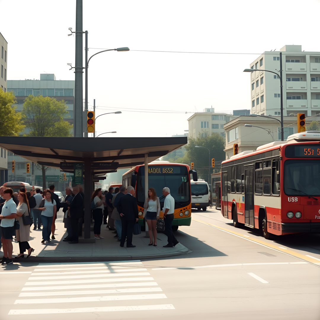 버스 정류장에서 버스를 기다리는 사람들 모습