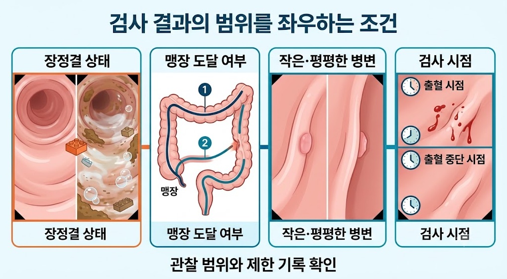 장정결 상태, 맹장 도달 여부, 작은·평평한 병변, 검사 시점 등 대장내시경 검사 결과의 관찰 범위를 좌우하는 조건을 설명하는 인포그래픽