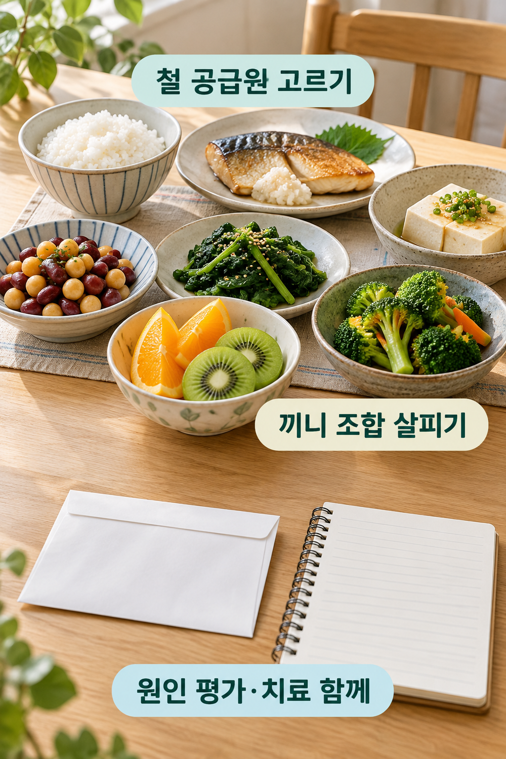 철 공급원과 채소·과일 식사, 분리한 처방봉투와 기록수첩을 함께 둔 식탁