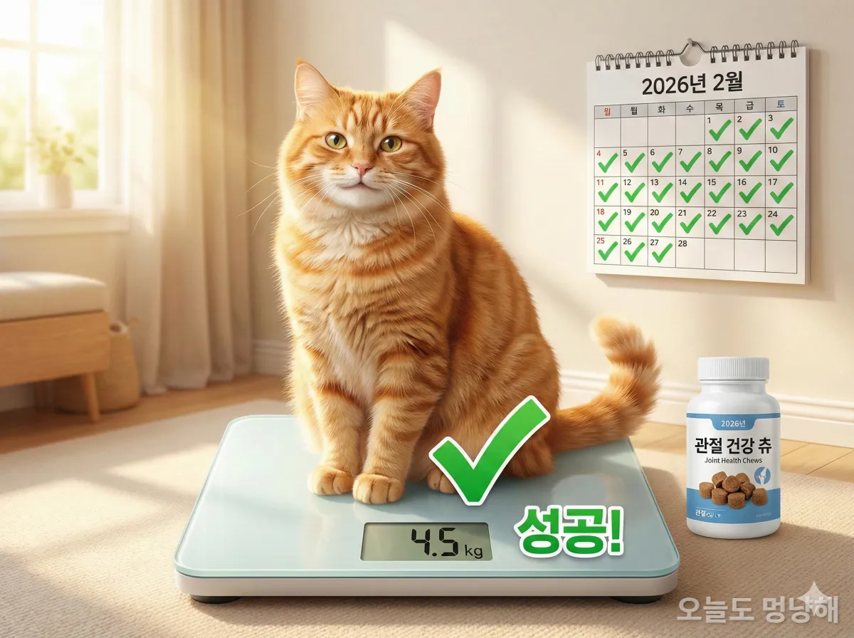 체중계 위에 올라간 날씬해진 고양이와 관절 영양제, 체크된 달력