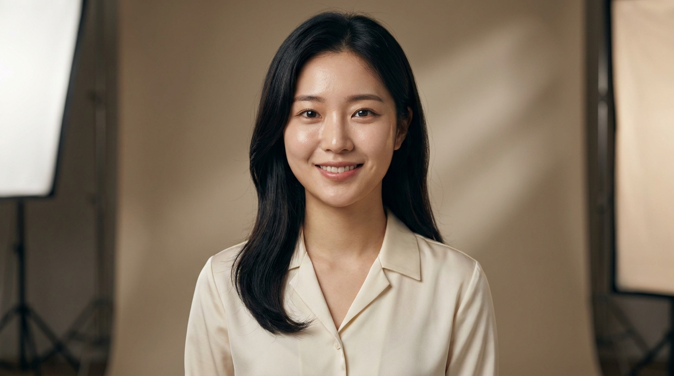 세련된 화이트 셔츠를 입고 지적인 눈빛으로 미니멀 라이프의 지혜를 건네는 아름다운 한국인 라이프스타일 전문가