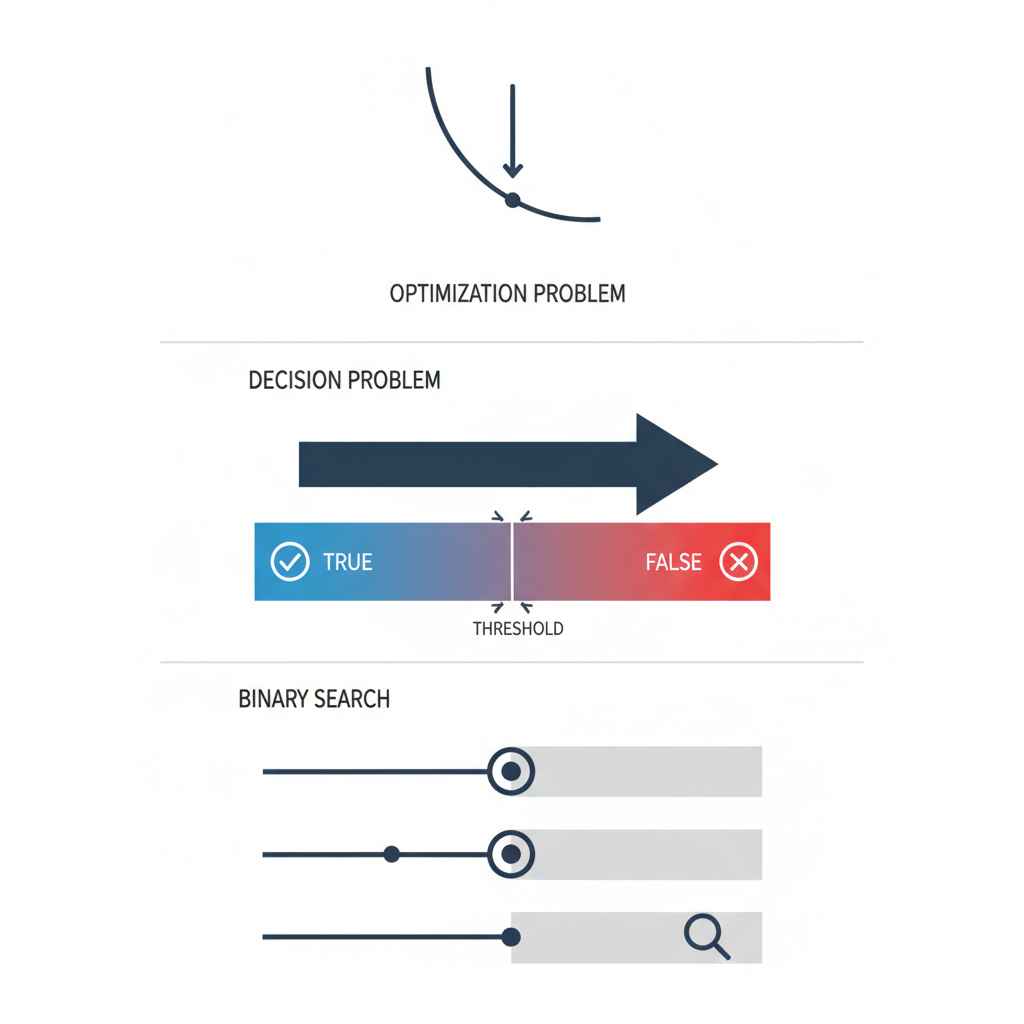 최적화 문제를 결정 문제로 변환하여 해의 범위를 이진 탐색(Binary Search)으로 좁혀나가는 파라메트릭 서치의 작동 원리를 설명하는 다이어그램입니다. 특정 조건을 만족하는 영역(True)과 만족하지 않는 영역(False)의 경계선을 찾아가는 과정을 시각화하고 있습니다.