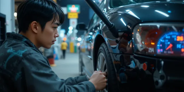 주유소에서 타이어 공기압 경고등을 확인하며 공기압을 체크하는 모습