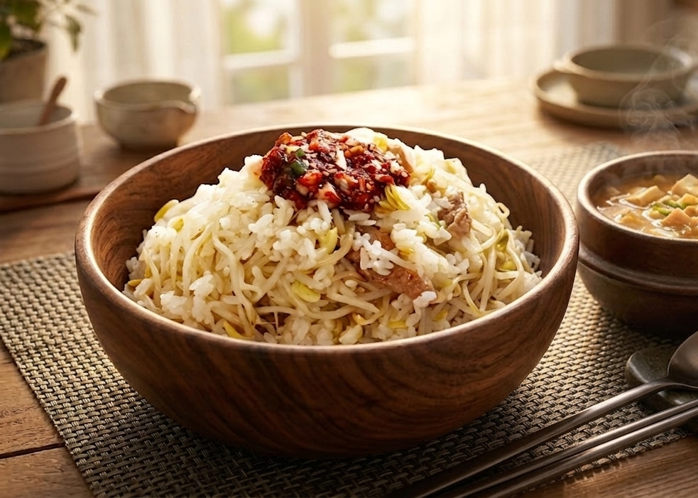 따스한 햇살이 비치는 창가 원목 테이블 위, 나무 그릇(우드 볼)에 풍성하게 담긴 콩나물밥과 붉은 양념장. 옆에는 김이 모락모락 나는 된장찌개 뚝배기와 정갈하게 놓인 금속 수저 세트가 있는 감성적인 상차림 사진.