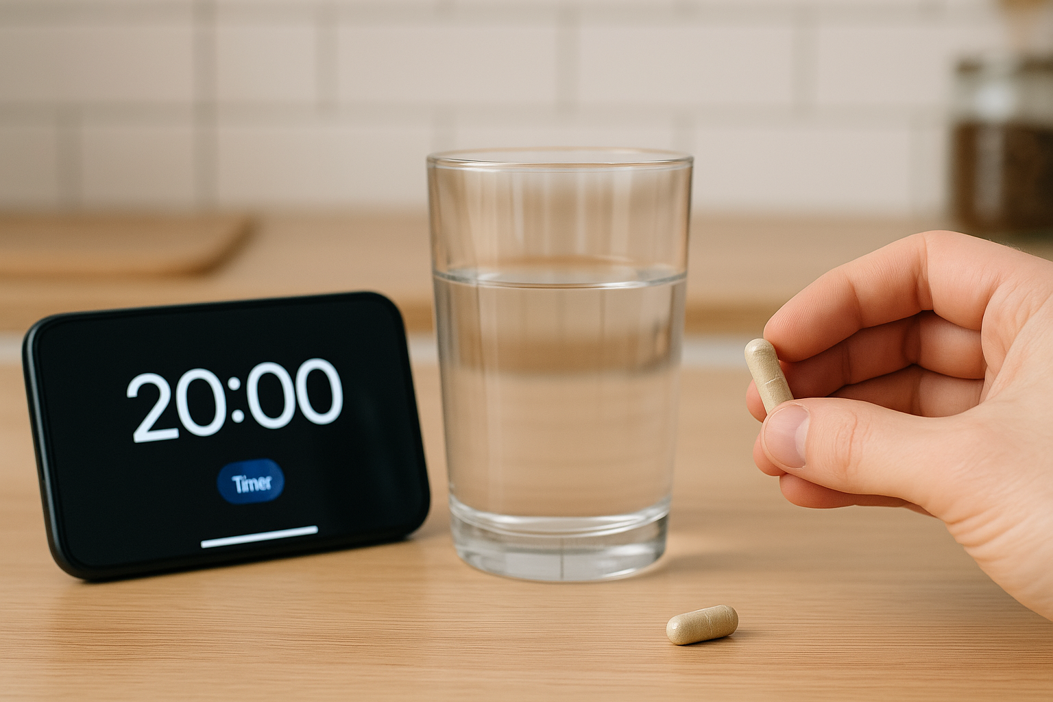 식전 20분 바나바 캡슐과 물 한 잔, 20분 타이머로 복용 타이밍을 강조한 실사