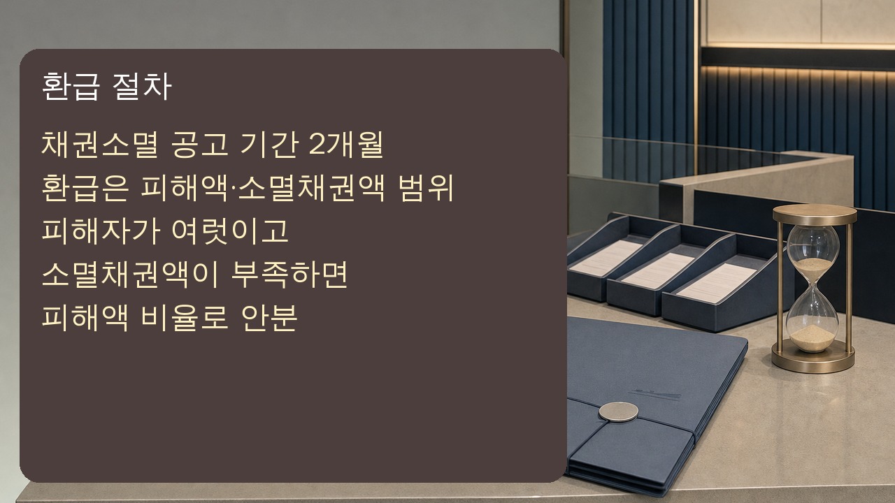 보이스피싱 사기계좌 지급정지 뒤 채권소멸 공고와 잔액 범위 환급 절차를 확인하는 장면