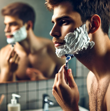 면도를 하고 있는 남자 사진