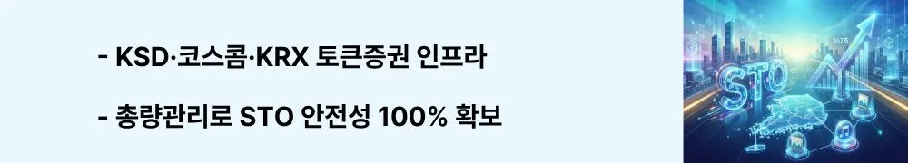 "KSD&middot;코스콤&middot;KRX 토큰증권 인프라, 총량관리로 STO 안전성 100% 확보"라는 문구가 포함된 웹배너 이미지. 이 이미지는 한국예탁결제원의 토큰증권 총량관리 시스템, 코스콤의 공동 플랫폼, 한국거래소의 디지털 증권 시장 구상을 시각적으로 전달하며, 블로그의 토큰증권 발행&middot;유통 인프라 구축과 관련된 내용을 설명함 (KSD total amount management system, Koscom common platform, KRX digital securities market infrastructure)