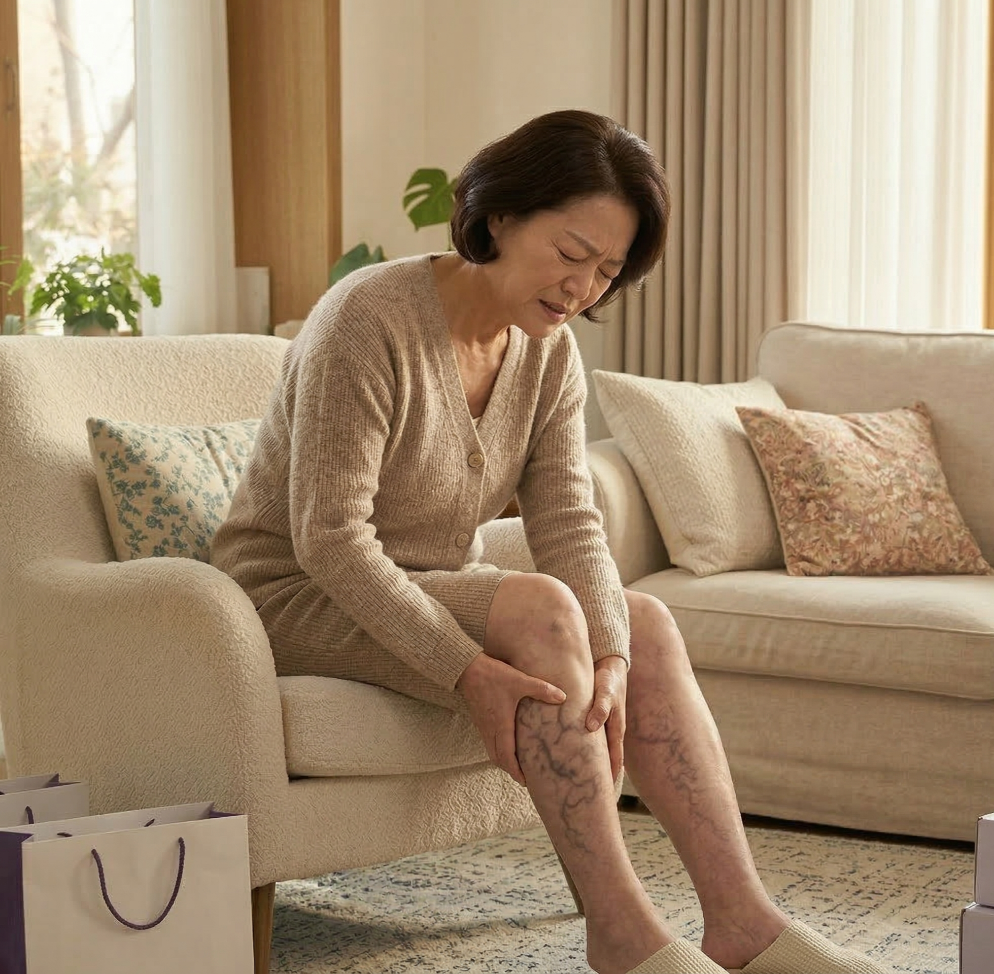 하지정맥류 다리 통증으로 고통받는 중년 여성