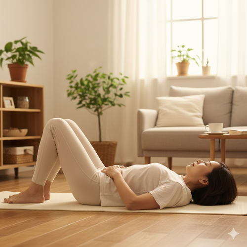 집 거실에서 편안한 자세로 골반 근육 운동(케겔 운동)을 하는 여성의 모습