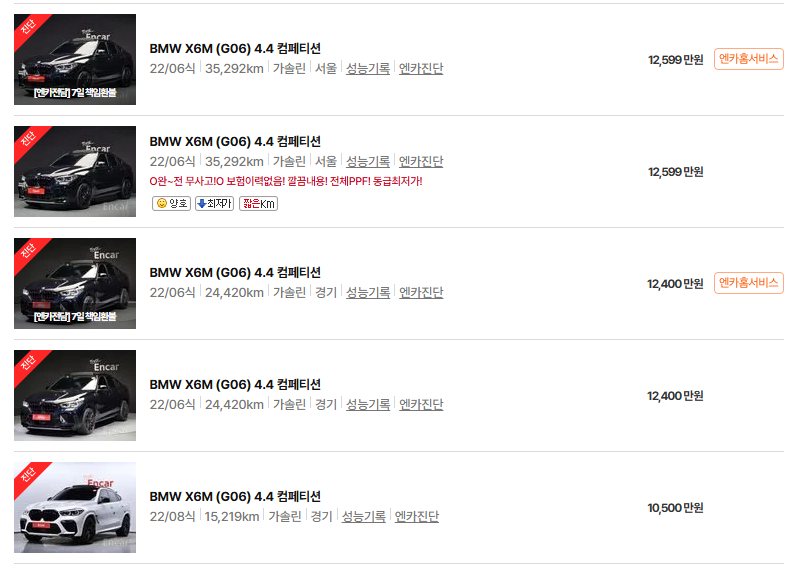 BMW X6M 중고차 가격 시세표 고속 시내 연비