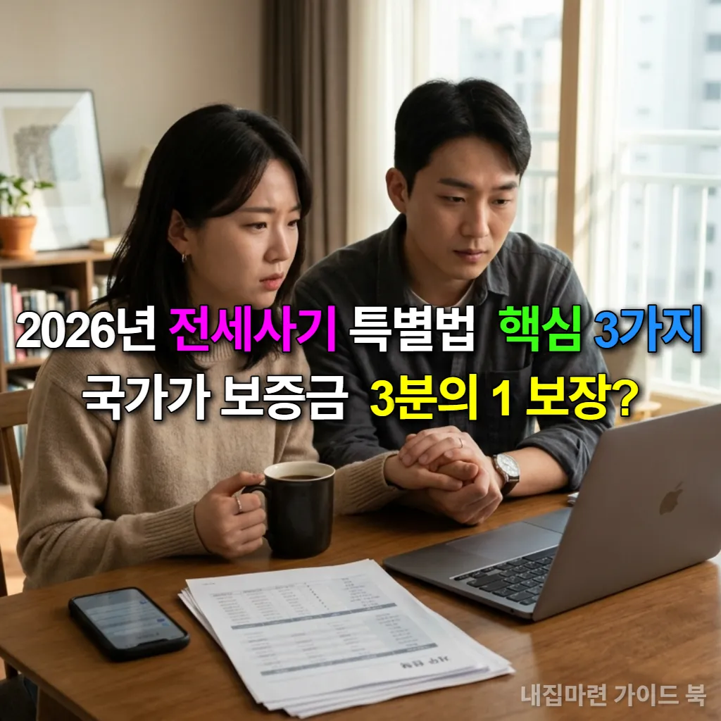 전세사기 특별법 개정안 내용을 걱정스럽게 살펴보는 젊은 한국인 부부의 모습