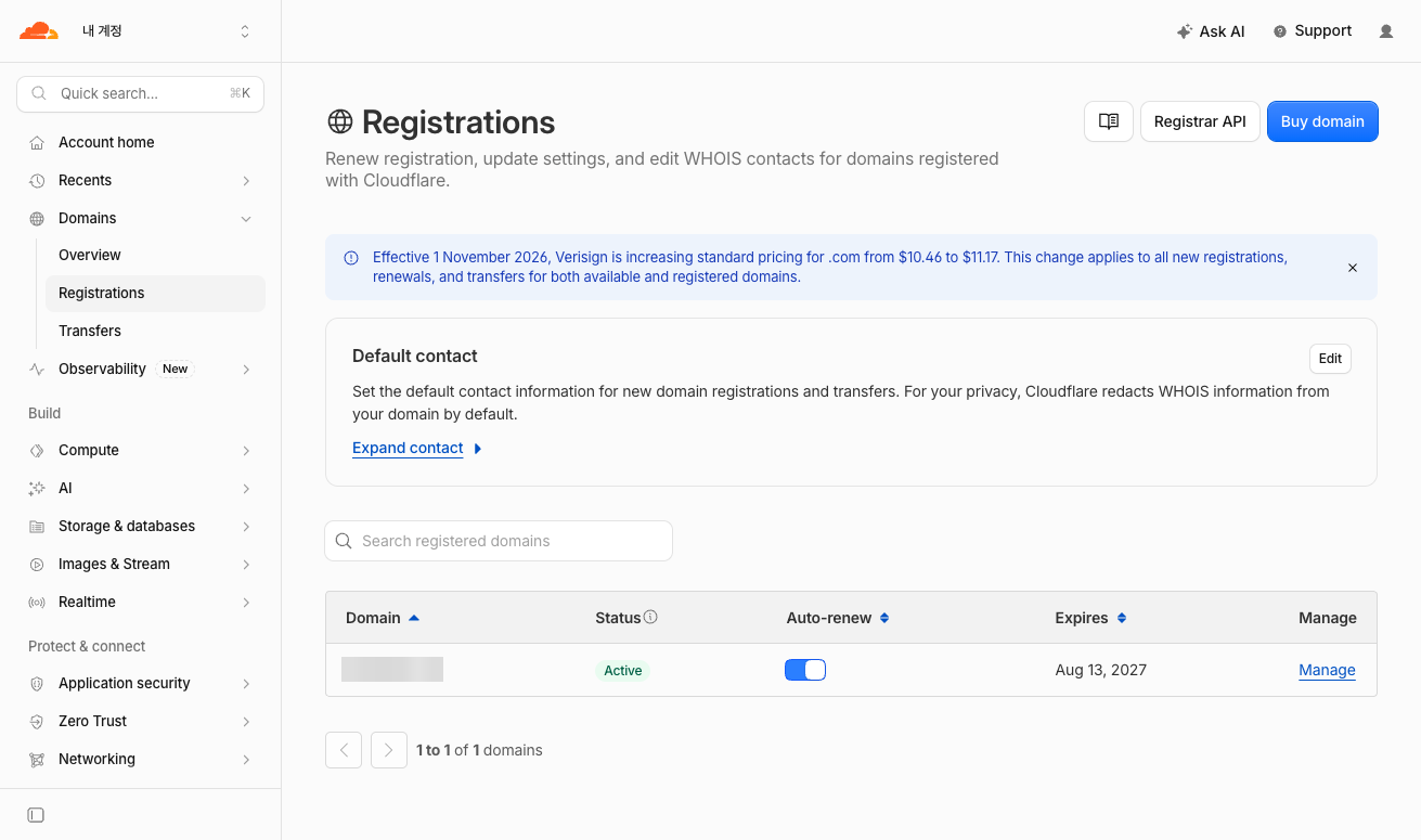 Cloudflare Registrars 화면, 등록한 도메인의 만료일과 자동 갱신 설정