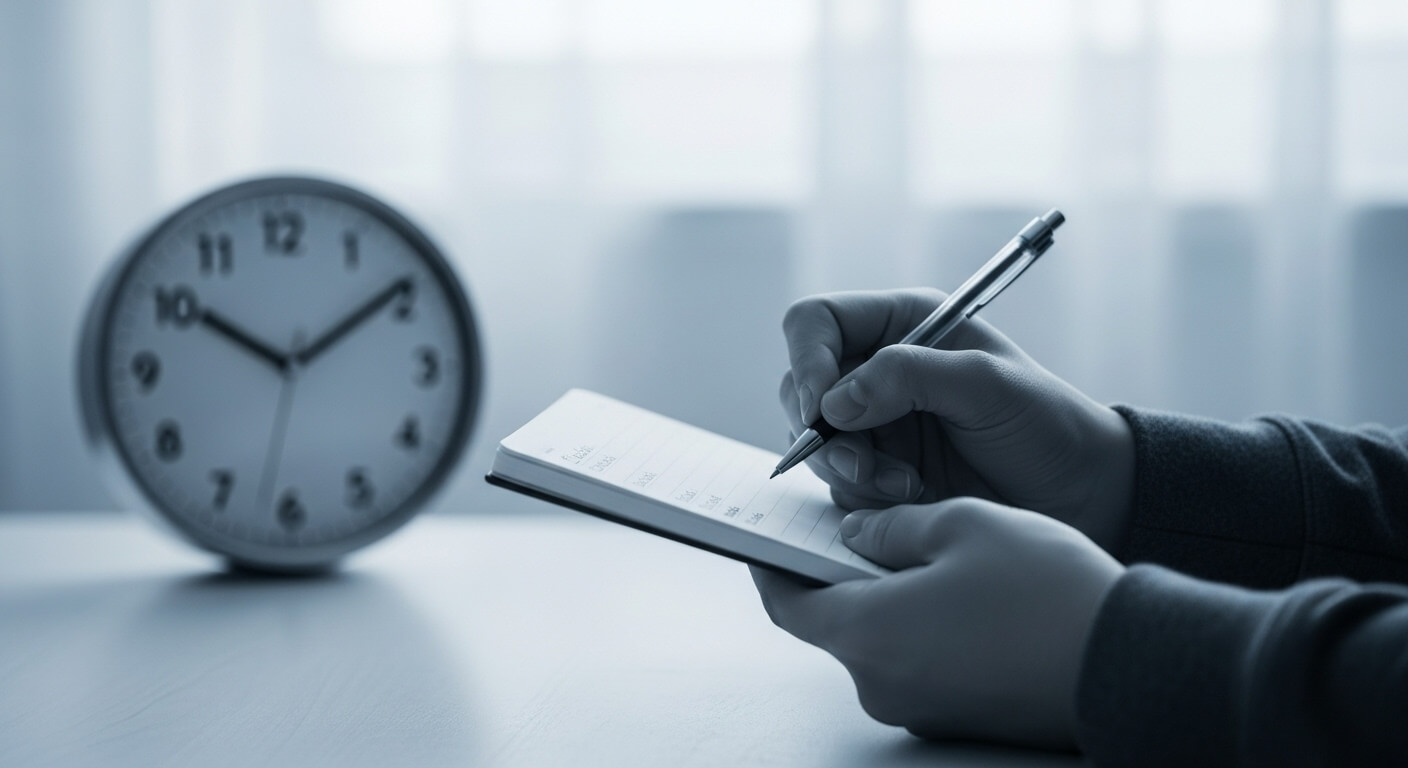 침착하게 노트에 오늘의 목표를 기록하는 손의 모습, 디지털 기기에서 벗어나 의도적으로 하루를 계획하는 아침을 상징합니다.