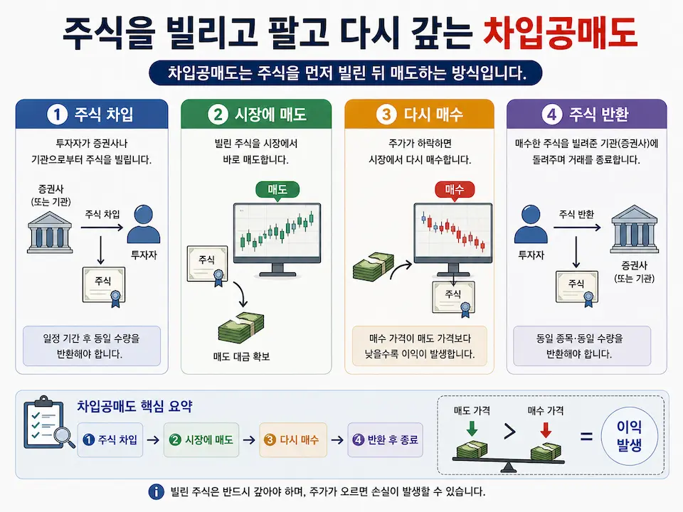 주식 차입부터 매도와 재매수, 반환까지 차입공매도의 네 단계를 보여주는 이미지