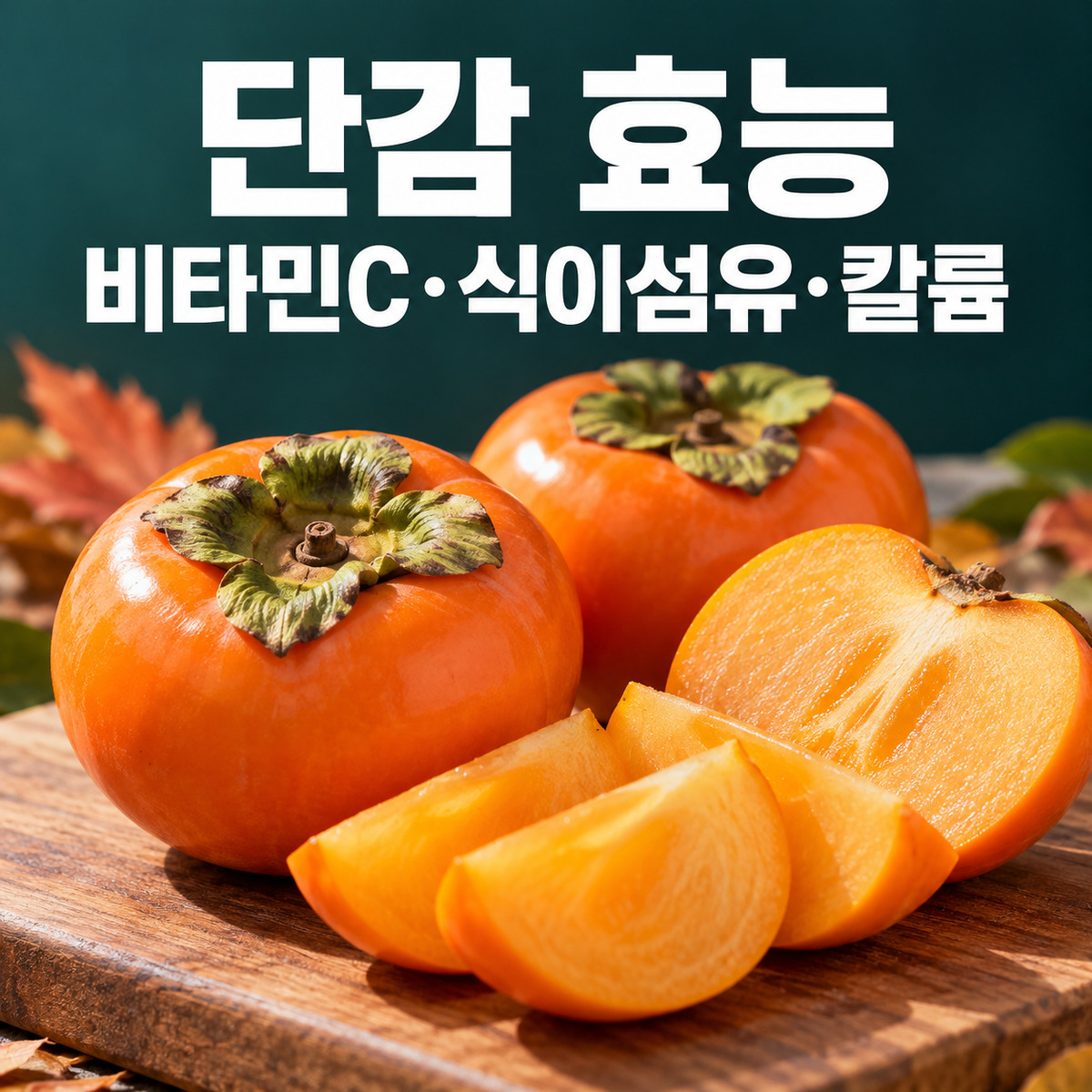 단감 효능이라는 한글 문구 위로 잘 익은 단감과 먹기 좋게 자른 단감 조각이 놓인 대표 이미지