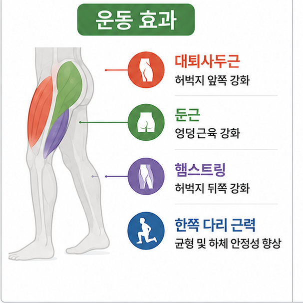불가리안 스플릿 스쿼트에서 사용하는 대퇴사두근과 둔근, 햄스트링과 한쪽 다리 근력을 설명한 이미지