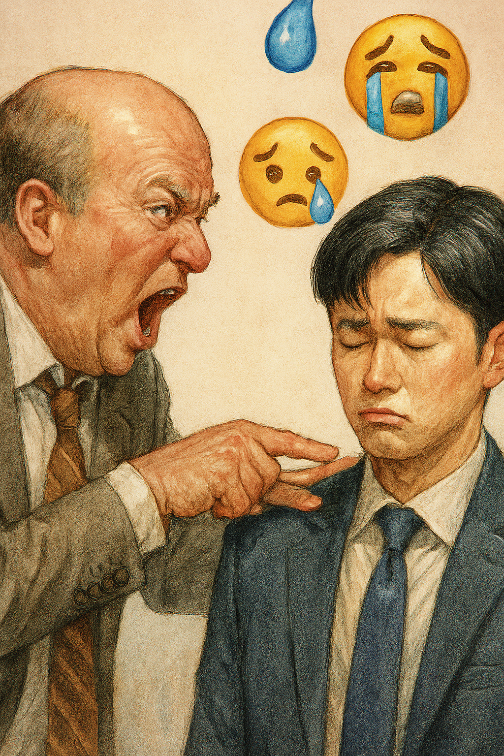 남자 상사가 무례한 모습으로 있고, 난감한 표정의 양복 입은 젊은 회사원이 그 맞은 편에 서있다. 그의 주변에 이모지가 떠다닌다.