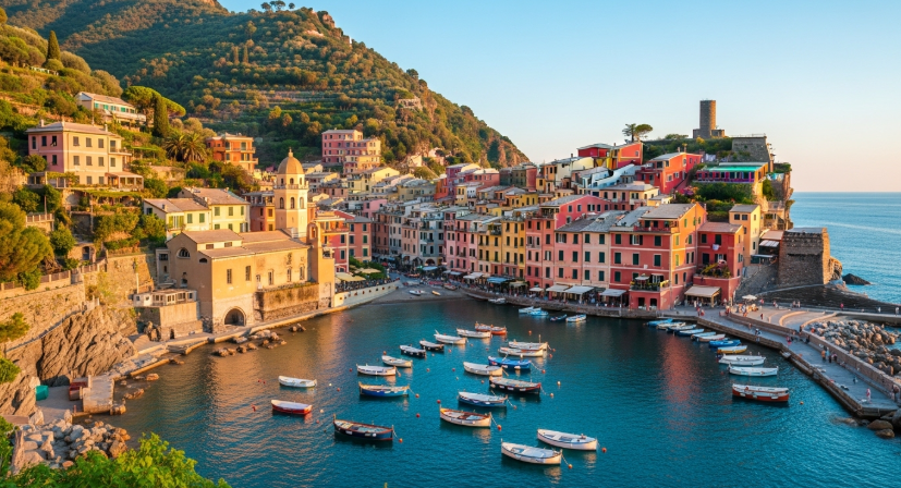 이탈리아 포르토피노 해안가의 파스텔톤 건물들과 푸른 바다가 어우러진 풍경