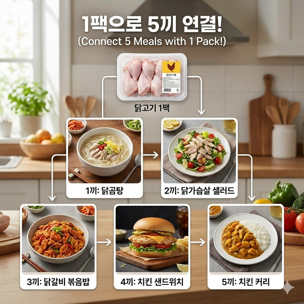 닭고기 1팩 → 5끼 연결 표