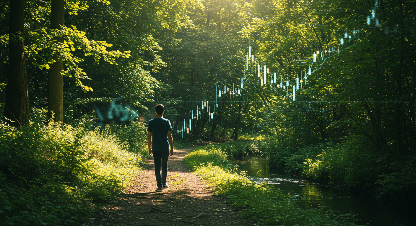 슬로우 투자를 상징하는 자연과 주식 흐름
