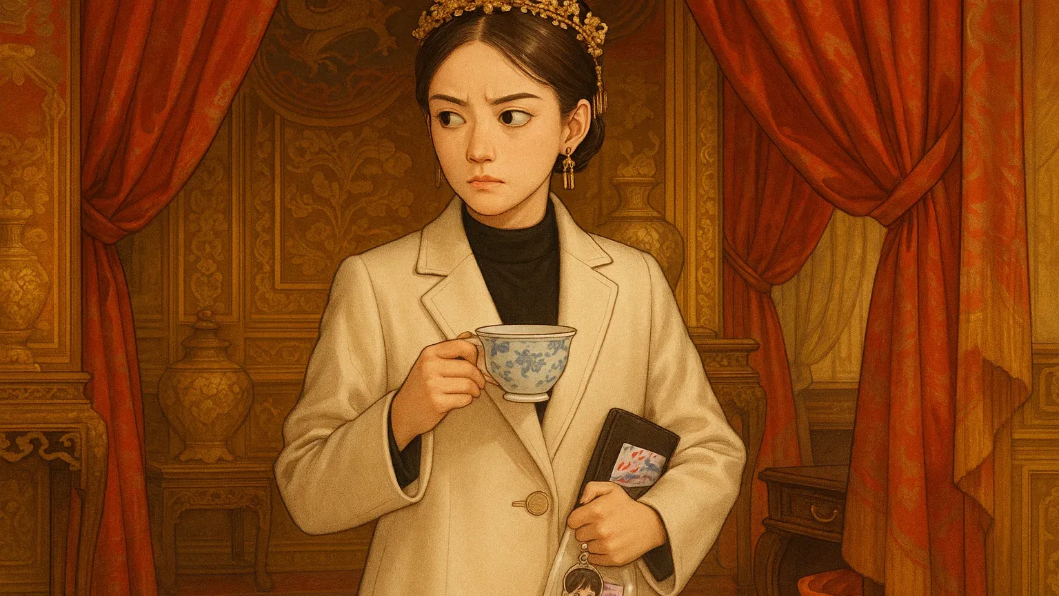 화려한 황궁 배경에서 현대적 감각의 의상을 입은 황녀가 몰래 덕후 굿즈를 숨기고 있는 모습을 그린 일러스트