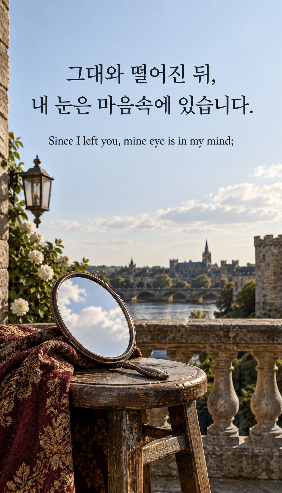 마음속에 머무는 눈: 그대와 떨어진 뒤, 내 눈은 마음속에 있습니다. 온플래쉬스냅, 구름만 비치는 손거울과 강이 보이는 난간.
