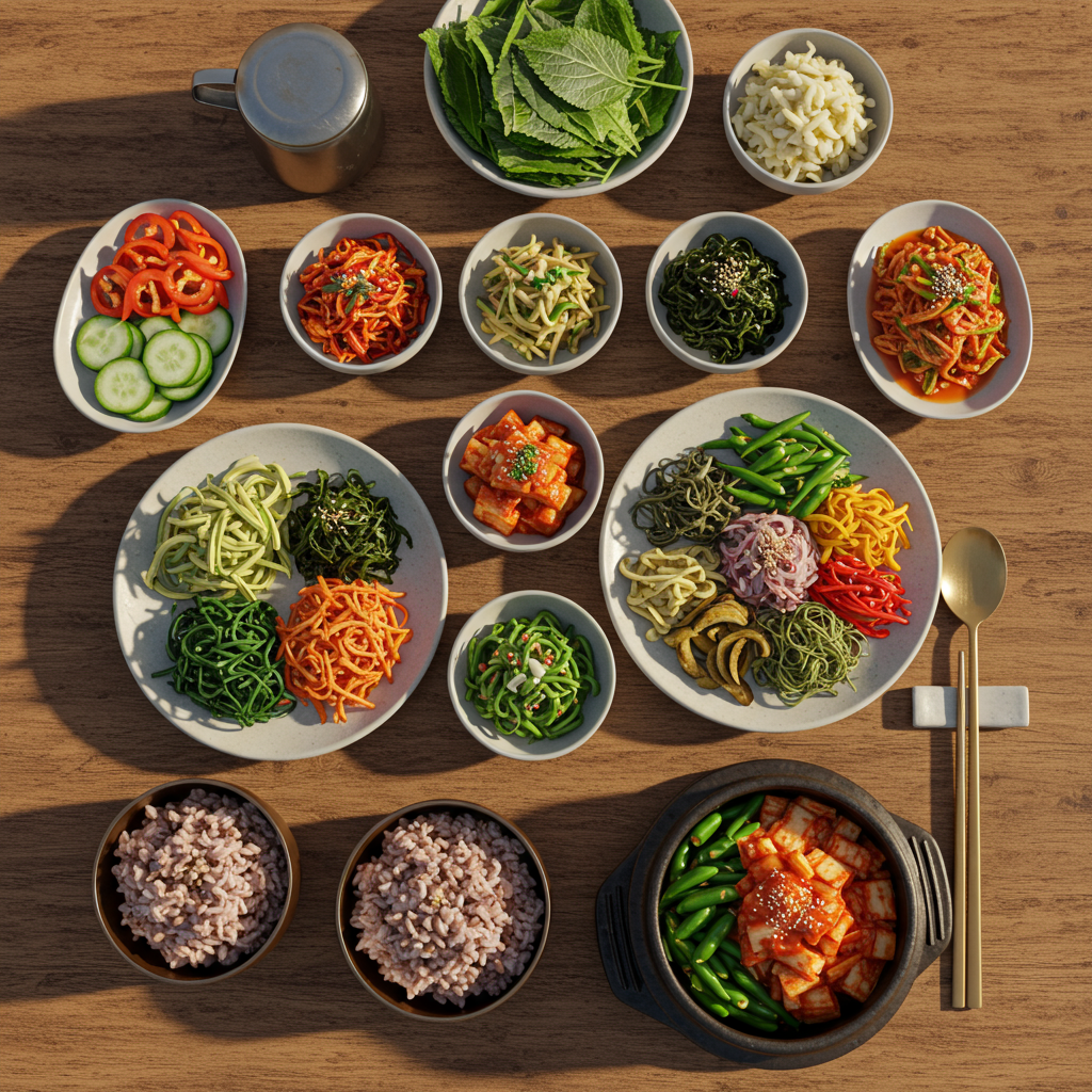 다양한 건강한 채소 반찬과 현미밥으로 구성된 한국식 건강 식단