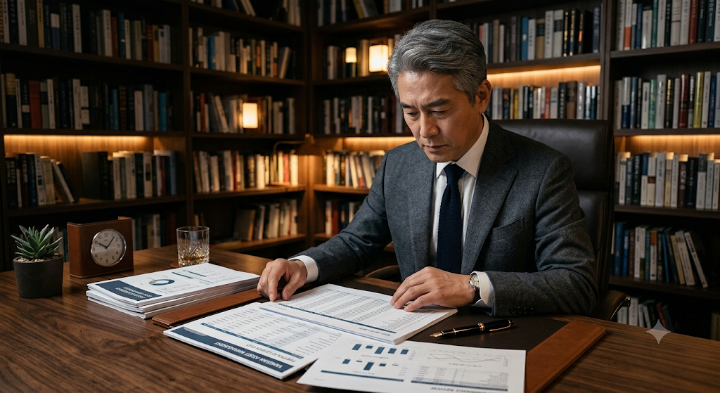 세련된 서재 테이블에서 자산관리 연금 리포트와 코스닥 중소형 알짜 성장주의 주가 분석표를 정밀 검토하는 모습