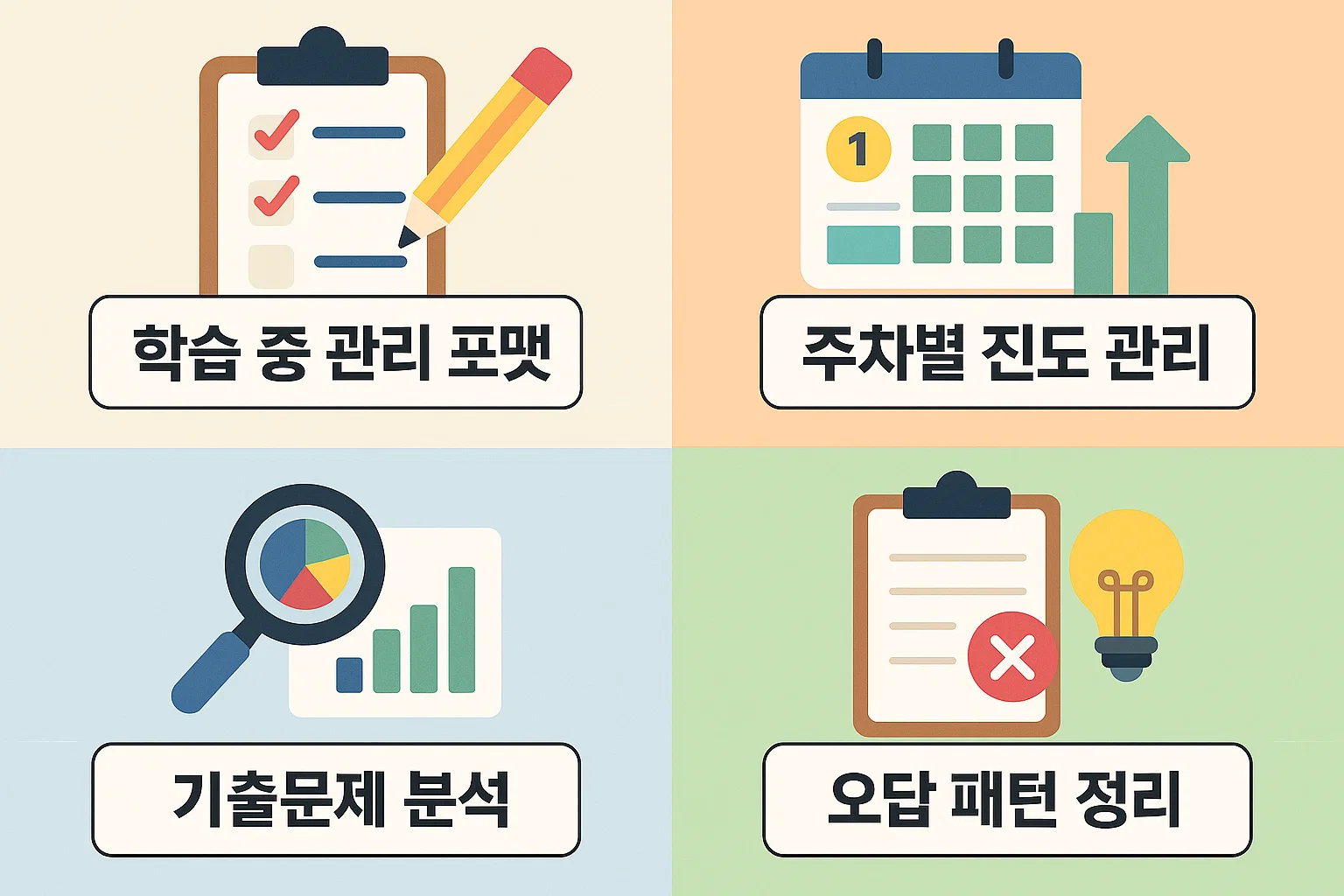 주차별 진도관리, 기출문제 분석, 오답 패턴 정리 등 합격을 위한 체계적 학습관리 전략을 시각화한 인포그래픽.