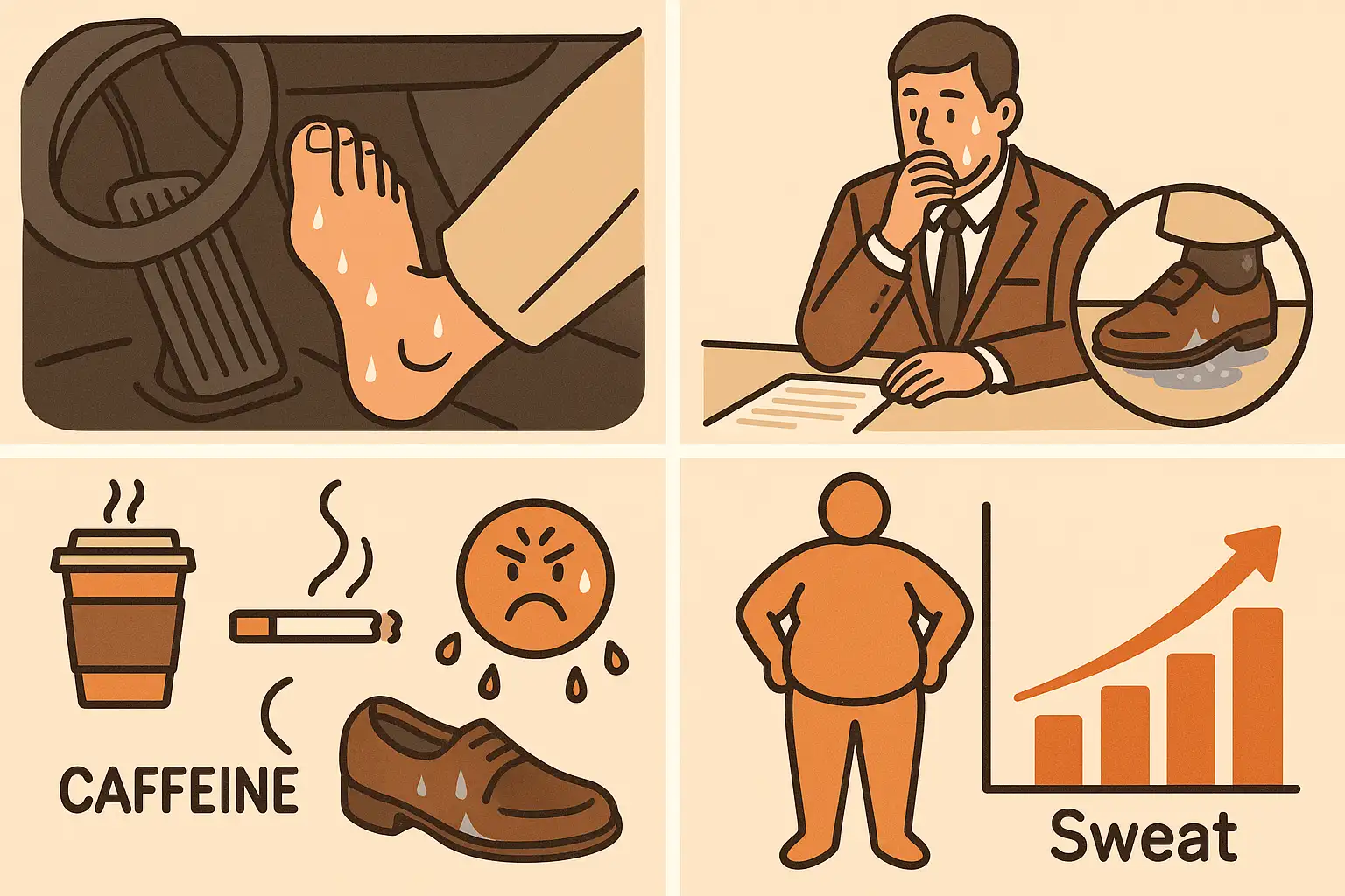 운전 중 땀에 젖은 발, 회의 중 구두 속이 축축해진 상황, 카페인·흡연·스트레스를 상징하는 아이콘들, 비만 체형과 땀 분비 연관 그래픽
