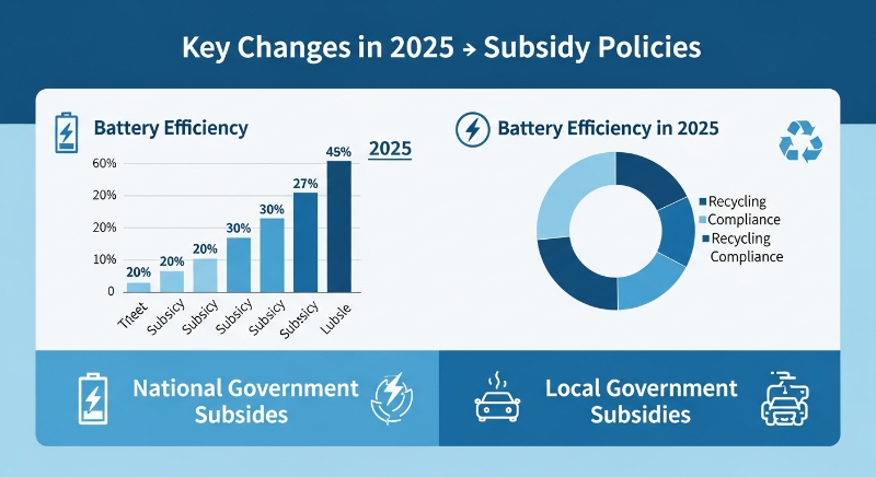 2025년 전기차 보조금 정책의 주요 변경사항을 보여주는 인포그래픽: 배터리 효율 및 재활용성, 국비/지자체 보조금 차등 지급 강조