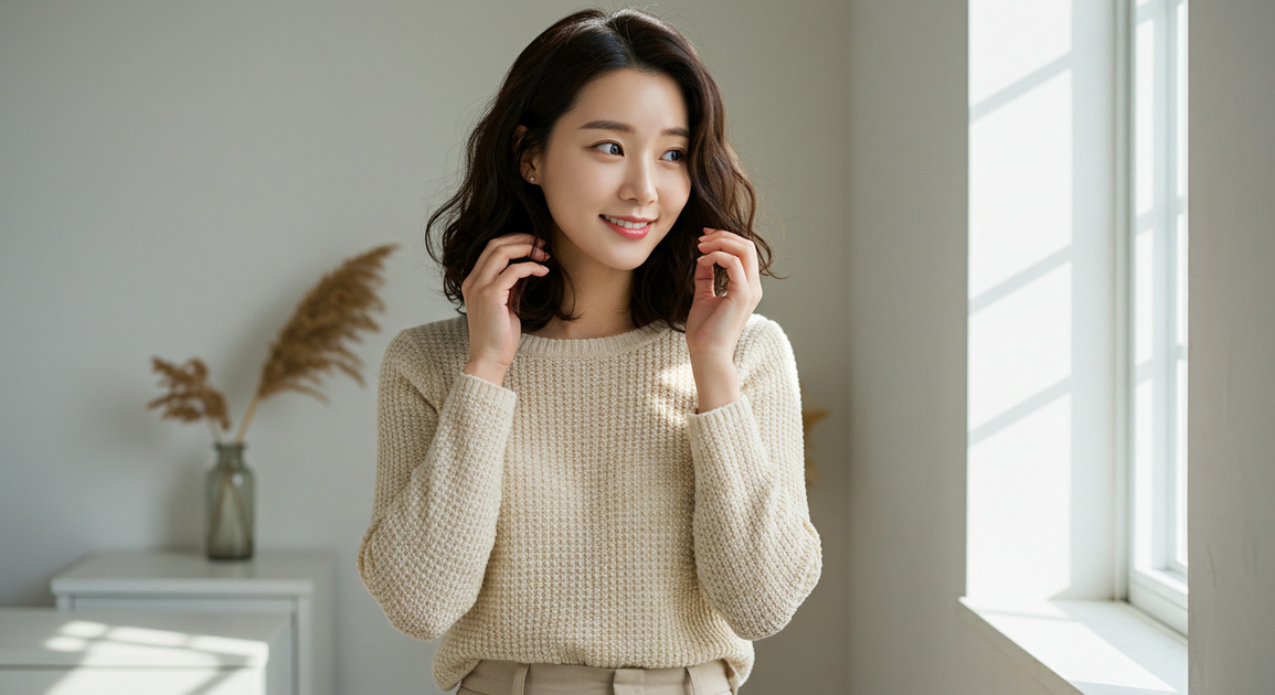 잔머리 정리하고 있는 여성 이미지