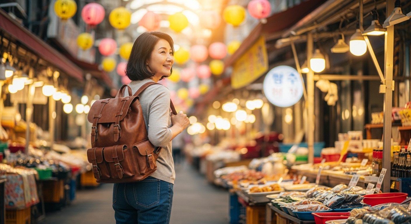 50대 한국인 여성, 가방 메고 시장 골목 구경하는 모습