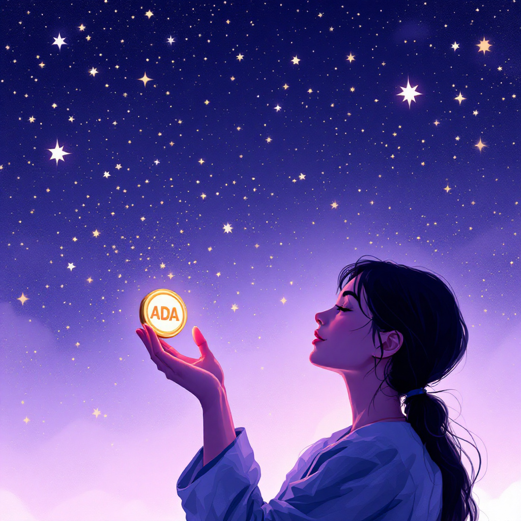 별빛 아래 ADA 코인을 바라보는 여성 일러스트, 카르다노의 철학적 가치와 믿음을 상징하는 감성 이미지
