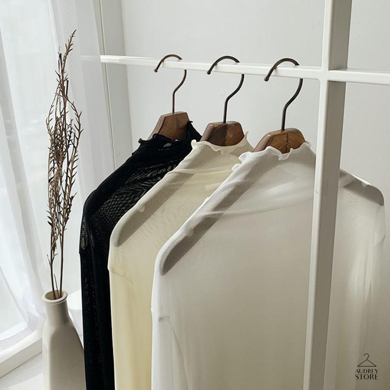 레이어드 시스루 이너 블라우스 티,하이넥 목폴라 망사(베이지 아이보리 블랙)