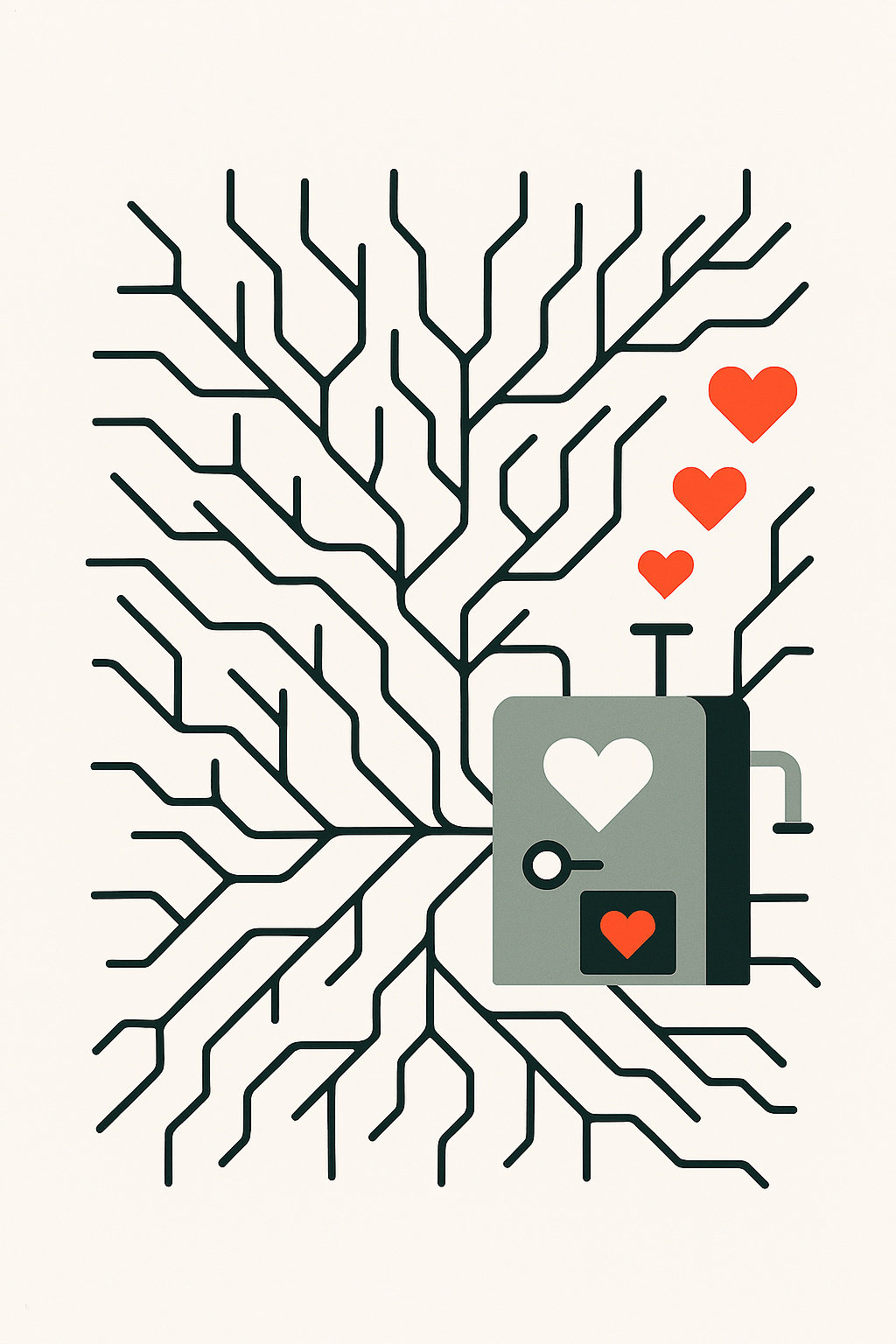 뿌리처럼 퍼지는 리좀 구조를 상징한 추상적 네트워크 이미지