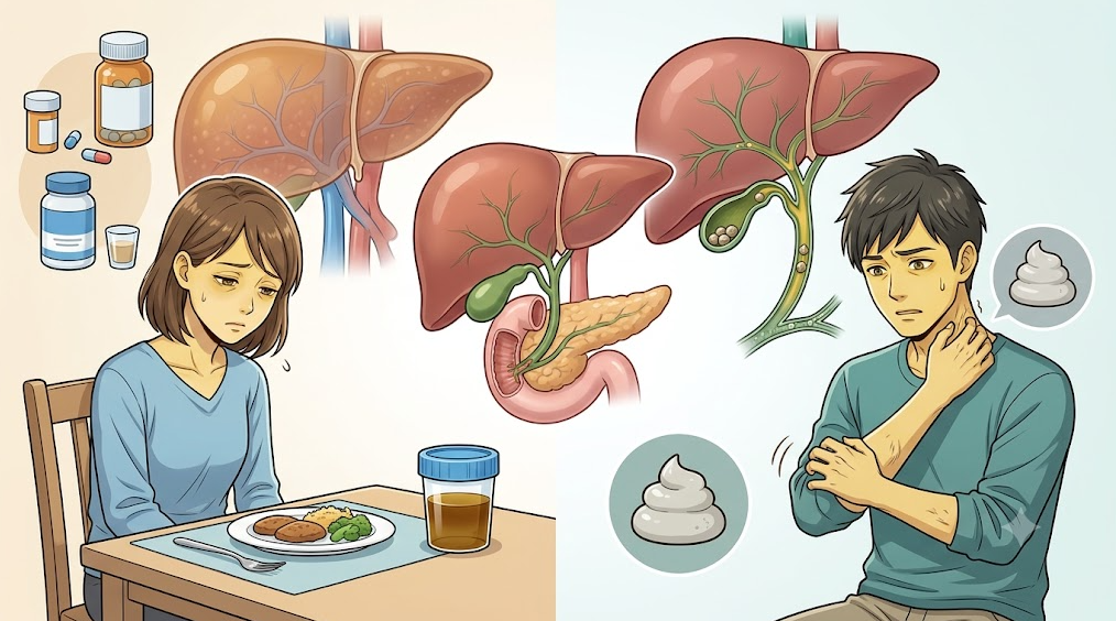 피로 및 식욕 저하와 진한 소변이 동반된 간 손상 관련 상황과 가려움 및 옅은 대변이 동반된 담즙정체&middot;담도 폐쇄 관련 상황을 비교한 메디컬 일러스트