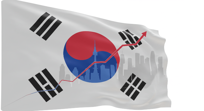 한국 KOSPI200 ETF를 나타내는 3D 태극기와 서울 스카이라인, 상승 차트