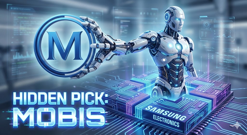 현대모비스 로고가 로봇 팔로 변신하는 이미지. 배경에는 반도체 회로(삼성전자)가 깔려 있고, 'Hidden Pick: Mobis'라는 문구가 강조됨