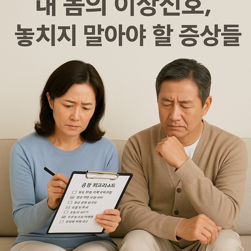 건강 체크리스트 보는 중년 남 여