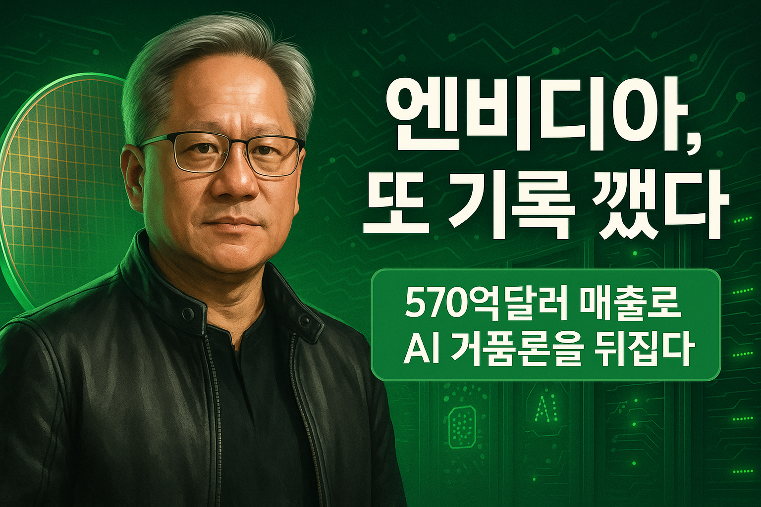 반실사 스타일의 젠슨 황 일러스트가 엔비디아 GPU와 그래프 앞에 서 있고, 오른쪽에는 ‘엔비디아, 또 기록 깼다’라는 굵은 텍스트가 배치된 썸네일 이미지