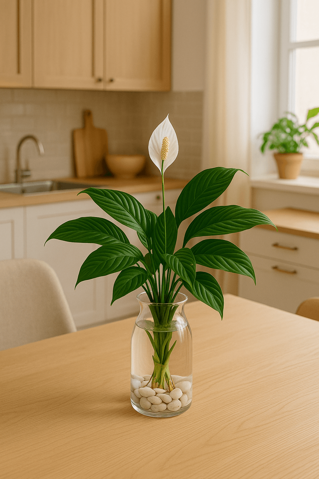 주방 식탁위에 놓여있는 스파트필름 - 수경재배 유리병