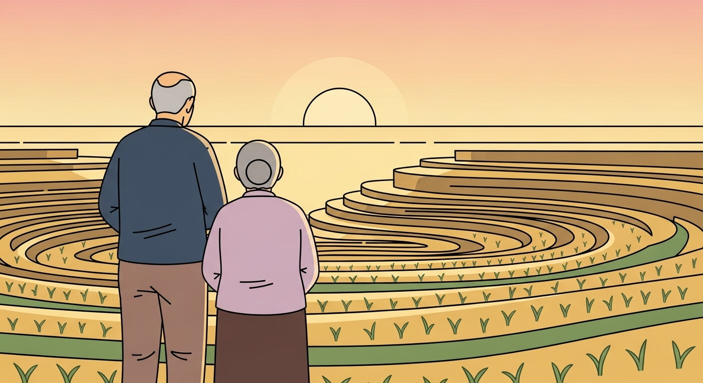 노부부가 논 위로 지는 석양을 바라보며 평화롭게 서 있는 장면 1