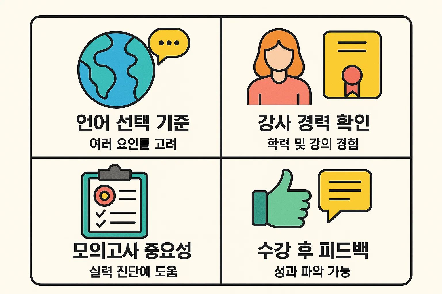 언어 선택 기준, 강사 경력 확인, 모의고사 중요성, 수강 후 피드백 등 인강 선택 시 유의사항을 안내하는 인포그래픽