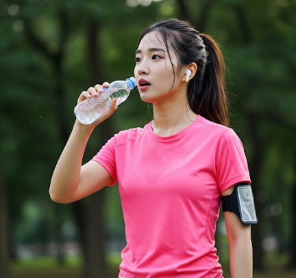 20대 여성이 달리기 하다가 수분을 보충하는 모습