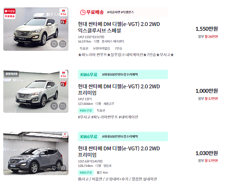 싼타페 중고차 가격 시세표 / 2024년 상반기